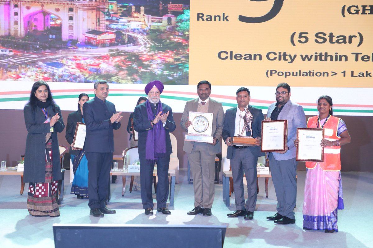 GHMC secured All India 9th Rank and awarded as Swachh city with 5 Star rating in GFC protocol. Also achieved 1st Rank in Telangana and awarded as Clean city within Telangana in the above 1 lakh population category with water+ recertification in SS-2023. #SwachhSurvekshanAwards