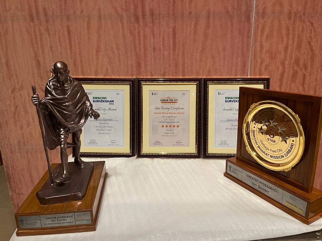 Swachh_GHMC's tweet photo. GHMC secured All India 9th Rank and awarded as Swachh city with 5 Star rating in GFC protocol. Also achieved 1st Rank in Telangana and awarded as Clean city within Telangana in the above 1 lakh population category with water+ recertification in SS-2023. 
#SwachhSurvekshanAwards https://t.co/9YrC1J3ofy