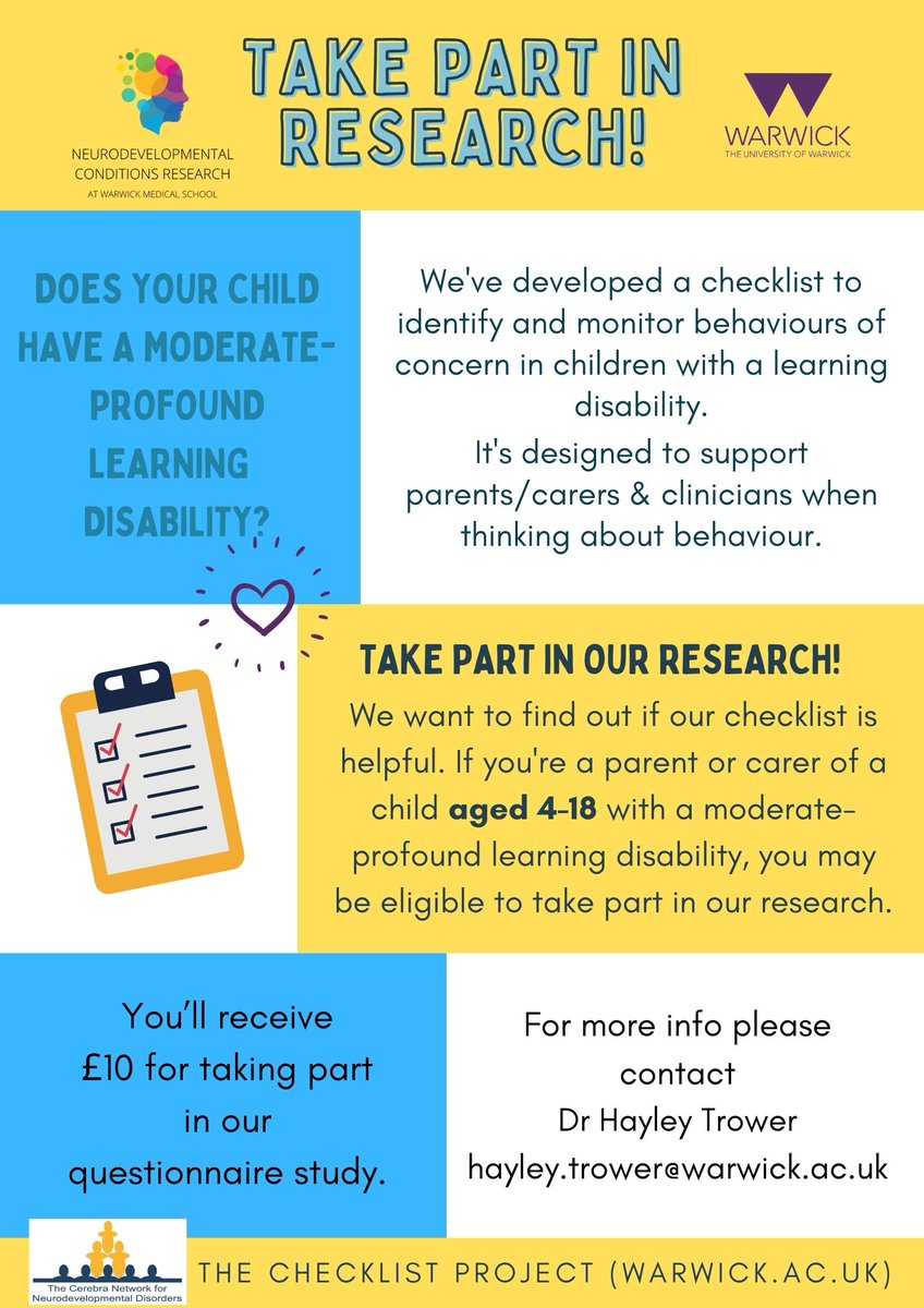 Participate in the Checklist Project. A tool for parents to understand behaviours that challenge. For parents of children aged 4-18 with a moderate-profound learning disability. #disabilityresearch #geneticsyndromes @warwickmed @uniofwarwick @NeuroRes_WMS @CerebraNetwork