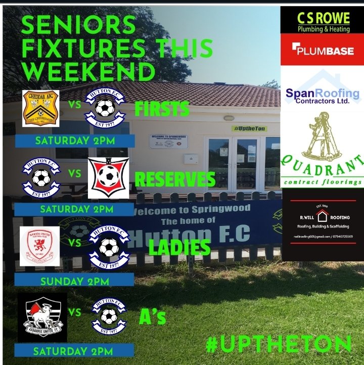 4 fixtures this weekend for our Seniors.
Firsts travel to <a href="/CheddarReserves/">Cheddar Reserves</a> 
Reserves host <a href="/worle_rangers/">WorleRangersFC</a> Res
A's travel to <a href="/AxbridgeUnited/">Axbridge United</a> Res
Ladies travel to <a href="/NailseaUtdWomen/">Nailsea United Women FC</a> Res

#UptheTon
#Somerset 
<a href="/WDistrict_FL/">Weston&DistrictFL</a> 
<a href="/somersetcfl/">Somerset County FL</a> 
<a href="/SomersetCWL/">Somerset County Women's Football League</a>
 <a href="/swsportsnews/">South West Sports News</a>