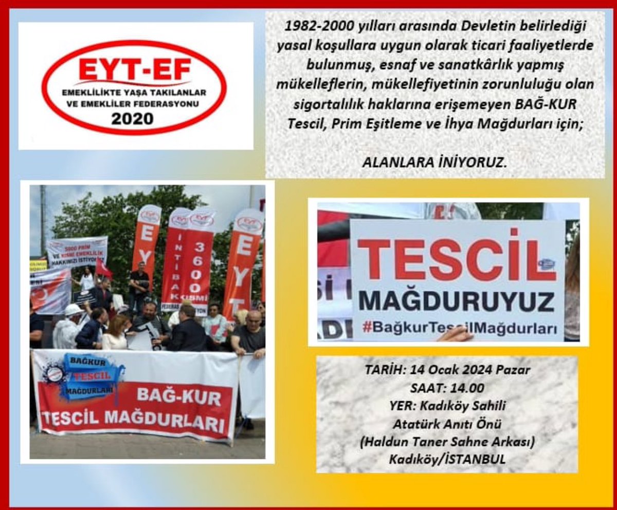 FakirAdam3435's tweet photo. Arkadaşlar seçimden önce son aktivitemizdir toplu olarak.
👇👇👇👇👇👇👇👇
14 Ocak Pazar 
Günü Kadıköy iskelede Basın Açıklamamız Olacaktır Herkesin Katılımını Rica Ediyoruz.
Bağkura TESCİLİNİ İsteyen SGK İle Aynı Şartlarda Prim Eşitlenmesiini  İsteyen 
İhya İsteyen Herkes Davetlidir.
BİZLERİ YANLIZ BIRAKMAYIN
#BagkurVarsaSecimVar
#4bSorunu
#BağkurTESCİLMağdurları

@RTErdogan @mehmedmus @memetsimsek @isikhanvedat @vedatbilgn @ErbakanFatih @dbdevletbahceli @_cevdetyilmaz @Dogu_Perincek @eczozgurozel @meral_aksener @B_Palandoken @selcukktepeli @YS_Turkoglu @ekremacikel @KucukkayaIsmail @avabdullahguler @leylasahinusta @AvOzlemZengin @akbasogluemin @abdulhamitgul @NumanKurtulmus @erkanakcay45 @M_Levent_Bulbul @celal_adan @SermetAtay @MehmedAltinoz  @suatkilic @nureddingul @mfatihmujdeci @drmfatihoztek @naimozturrk @SelcukGeyveli @CengizzorYRP @MehmetKDRL @CemilColakRP @korayaydintr @MDervisogluTR @55erhanusta @Av_Burcu03 @alimahir @gunaydingokhan @GulizarBicer @SaruhanOluc @meraldanis @cenginyurt52 @umitozdag @OnderAksakal @ArzuLastikci