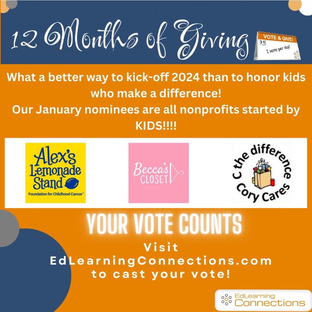 EdLearningC's tweet photo. Its Thursday!  Have you voted? Each month, we’ll feature 3 organizations  doing amazing work for kids, schools, &amp; communities and one will receive a donation from us!  EACH DAY, you can cast your vote for which you think should be our Charity of the Month! https://t.co/EONdq8doW8