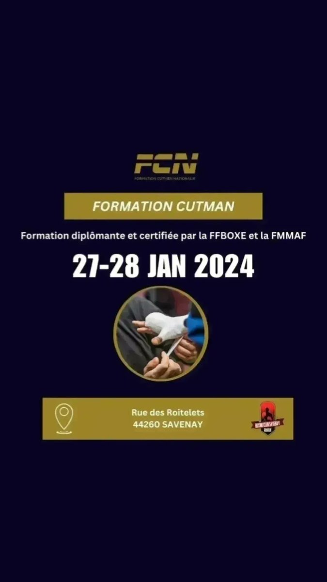 coachcutman's tweet photo. Cette formation cutman est faite pour toi !! Elle est la seule à être diplômante et reconnue par la FFBoxe et la FMMAF. Elle est ouverte à tous les sports de combat, alors n'hésite pas à t'inscrire sur le site officiel de la FCN.

https://t.co/jLkD1im8Ye https://t.co/u7uBKQNSl2