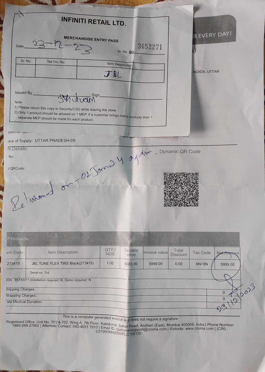copskapil's tweet photo. @JBLaudio had purchased Tune Flex Tws on 27Nov23 from Croma, Noida, sec-122.. Then went out of India and returned on 22Dec. Submitted to cust care for repair on 23Dec at croma. Went to pick up at croma on 2Jan afte repair, issue not resolved, so resubmitted for repair. https://t.co/ATYpsrthvP