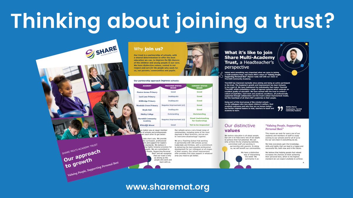 Thinking about joining a trust? If you are interested in being part of our journey, or would like to learn more about #SHAREMAT, please read and download the 'Our approach to growth brochure' ➡️sharemat.org/page/?title=Gr…