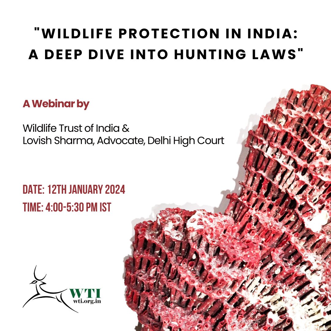 Don't miss out on an enlightening #webinar on 'Wildlife Protection in India: A Deep Dive into Hunting Laws' tomorrow. Speaker: Lovesh Sharma, Advocate, High Court of Delhi Register now: shorturl.at/mxAMY