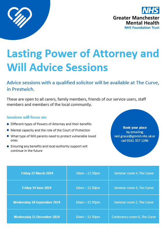 Our solicitor sessions for carers, family/friends (and staff) on Lasting Powers Of Attorney / Wills and Trust are always popular @GMMH_NHS Due to demand, we're pleased to roll out further dates throughout 2024! Dates, venues and details of how to secure a place are below 👇