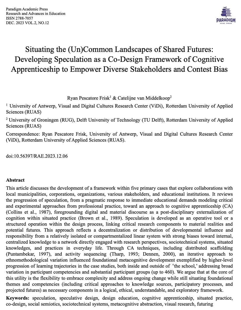 dutchtype's tweet image. Great to see this finally published and online (w/ Catelijne van Middelkoop) Situating the (Un)Common Landscapes of Shared Futures: Developing Speculation as a Co-Design Framework of Cognitive Apprenticeship to Empower Diverse Stakeholders and Contest Bias doi.org/10.56397/RAE.2…
