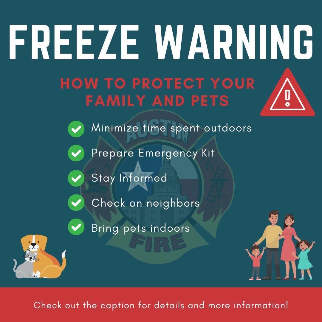 Freeze safety tips:
Minimize time outside to help prevent frostbite and hypothermia. Prepare emergency kit with essentials for any situation. Stay informed &amp; updated on weather alerts and advisories. Check on neighbors &amp; bring pets indoors. Stay safe, Austin!