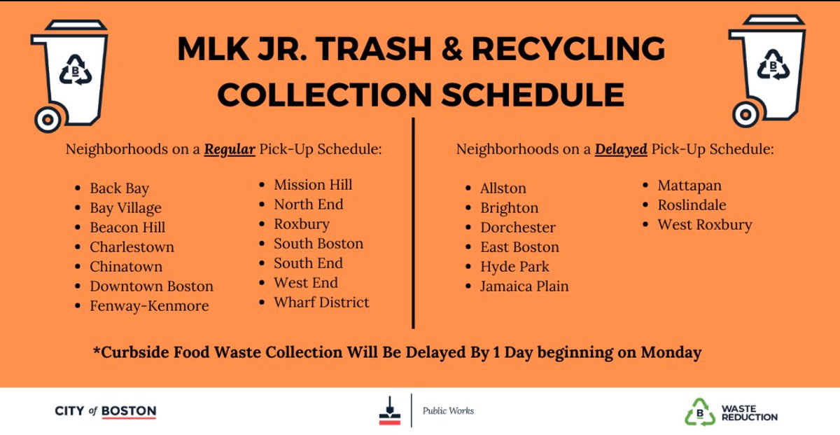 BostonPWD's tweet image. With the #MartinLutherKingJr holiday being observed on Monday (1/15), please be advised that some #Boston neighborhoods will run on a delayed trash &amp;amp; recycling schedule ⬇️. To track changes, search recyclables &amp;amp; much more, download our free Trash Day App: boston.gov/trash-day