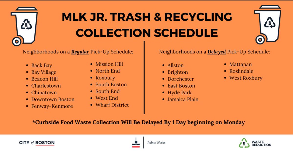 With the #MartinLutherKingJr holiday being observed on Monday (1/15), please be advised that some #Boston neighborhoods will run on a delayed trash & recycling schedule ⬇️. To track changes, search recyclables & much more, download our free Trash Day App: boston.gov/trash-day