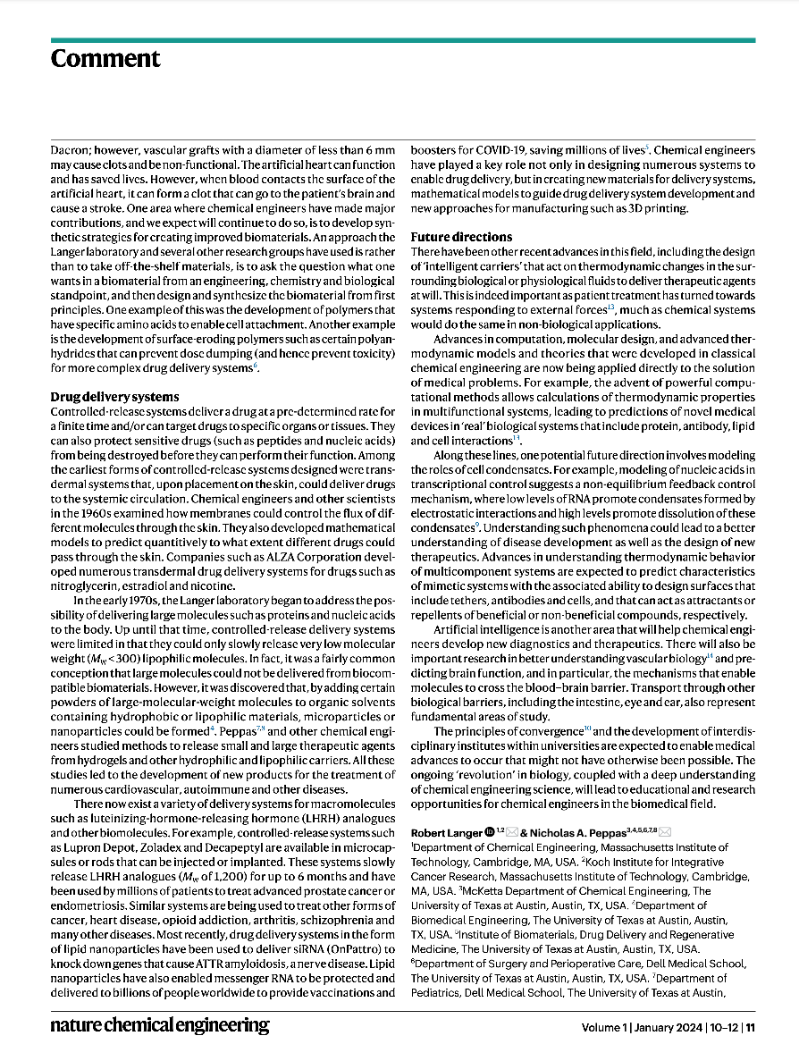 NPeppas's tweet photo. New journal, new article.  R. Langer &amp; @NPeppas "A bright future in medicine for chemical engineering" in Nature, Chemical Engineering @NatureChemEng , 1, 10-12 (2024) We wrote it with love.  https://t.co/OQPAJodAfn https://t.co/rNtwm0QOMP
