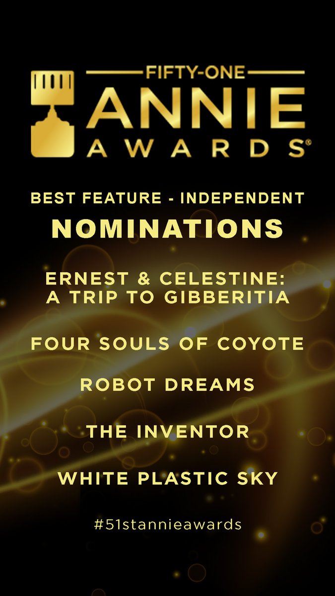 AnnieAwards's tweet photo. Here are the 51st Annie Awards Nominees for Best Feature - Independent! Congrats to Ernest &amp; Celestine: A Trip to Gibberitia, Four Souls of Coyote, Robot Dreams, The Inventor and White Plastic Sky!

#51stannieawards #asifahollywood https://t.co/NwJDoxa7oW
