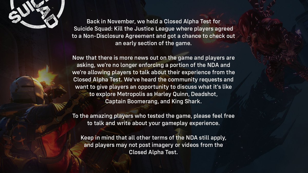 suicidesquadRS's tweet photo. Good news for our Closed Alpha participants! #SuicideSquadGame https://t.co/Bn9XTDOEm7