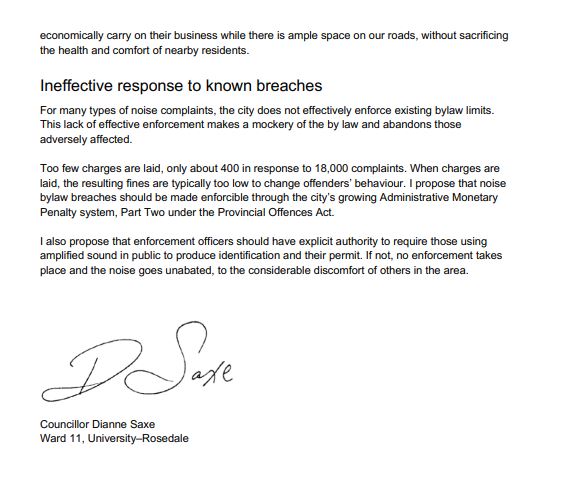 Many thanks to <a href="/DianneSaxe/">Dianne Saxe - Toronto City Council Ward 11, UR</a> for her letter of support for a #nomorenoiseTo