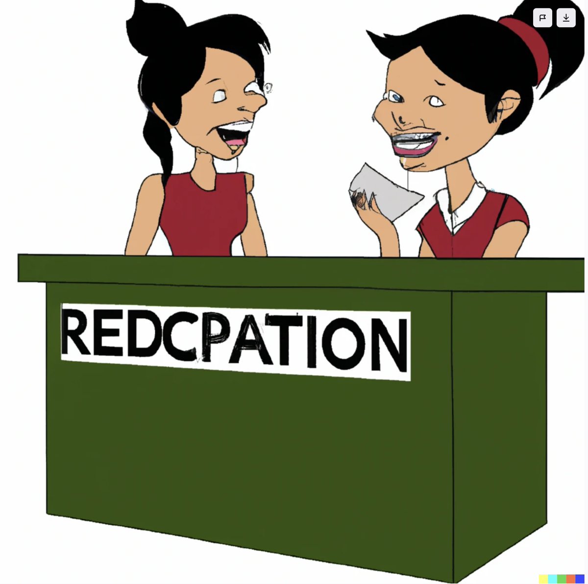 3000ways's tweet image. I want to get in on this AI revolution. But can someone tell me what I doing wrong here? Dall-E 2 prompt: "create a very professional looking  graphic that can be used on a website for an enodontic practice. The image should show a reception desk with two friendly receptionists."