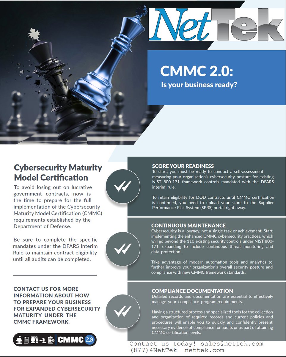 _NetTek_'s tweet photo. Don't lose out on lucrative government contracts! Now is the time to prepare for the Cybersecurity Maturity Model Certification requirements by the Dept of Defense. Contact us today! NetTek can help! https://t.co/fAbB7Xej2g