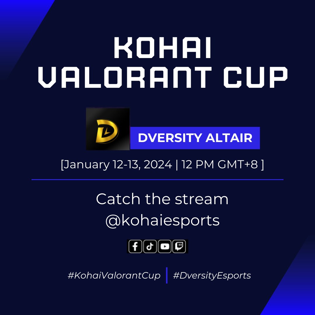 Dversity's very own team Altair will be duking it out in the Kohai Valorant Cup! Catch the gang at @kohaiesports livestreaming channels!

#DVS #dversity #dversityesports #kohaivalorantcup #kohaiesports