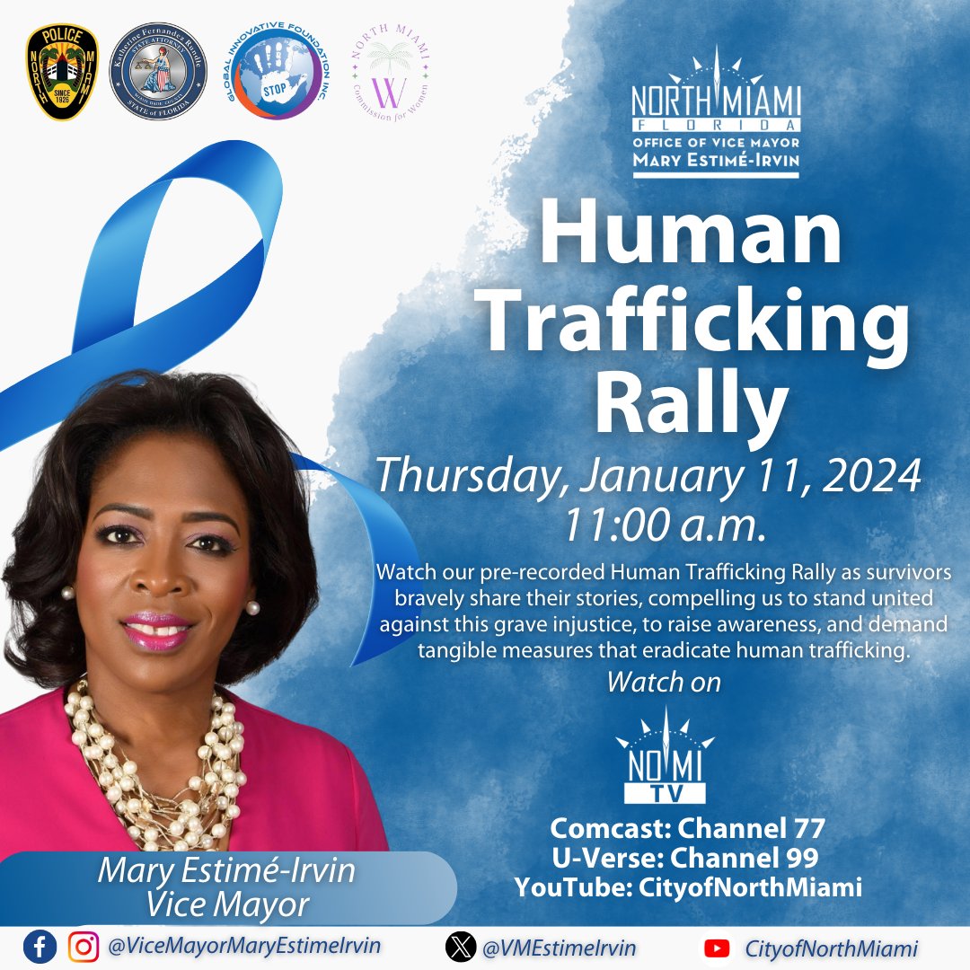Join us for the premiere of Vice Mayor Mary Estime-Irvin's Human Trafficking Rally video on NoMi TV.

To watch the full video that includes testimonies from survivors, tips from the <a href="/NorthMiamiPD/">North Miami PD</a>, and much more tune in to NoMi TV or watch via YouTube at youtu.be/c9MpQy5V5J4.