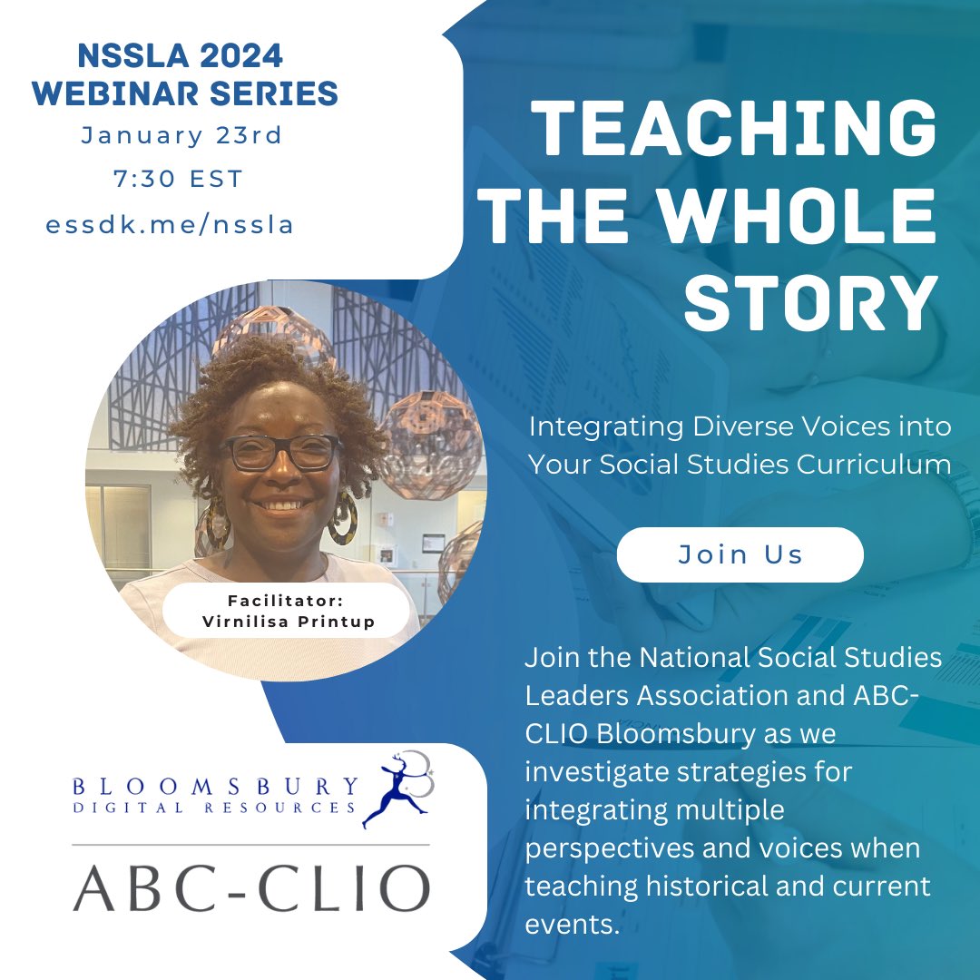 Join us for our first webinar of 2024 on Tuesday Jan. 23rd at 7:30 EST. ALL ARE WELCOME!

essdk.me/nssla

<a href="/ABC_CLIO/">ABC-CLIO</a> <a href="/NCSSNetwork/">National Council for the Social Studies (NCSS)</a>