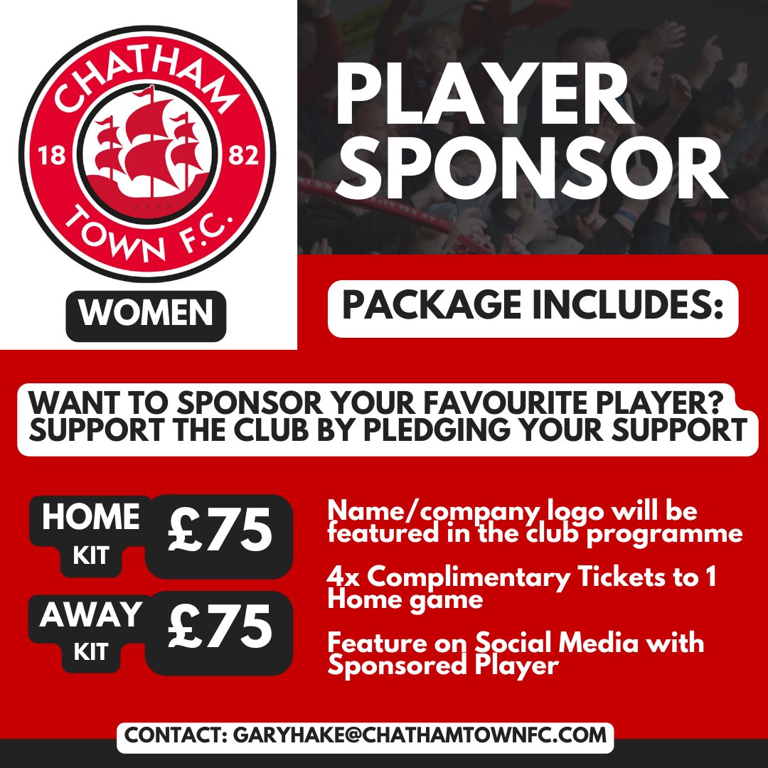 Half season player sponsorships are now available 🙌

A great way to advertise your business or simply sponsor your favourite player! 

Contact garyhake@chathamtownfc.com to enquire. 🤝

🔴⚪️⚫️ #UpTheChats | #InThisTogether