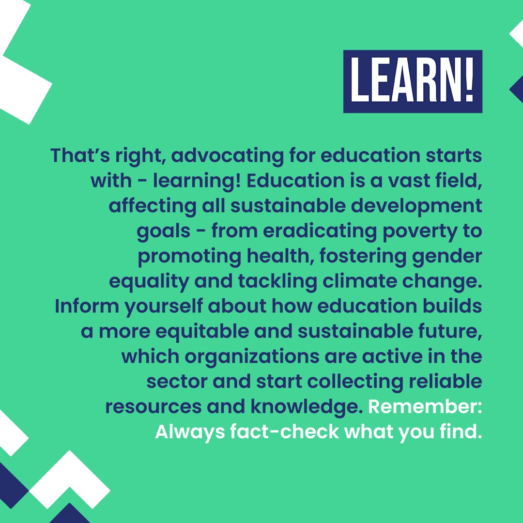 GPforEducation's tweet photo. 📢 Do you want to speak up for education?

Here is a quick start guide for you to advocate for quality education - you can start by sharing this post 👇

Are you already an education advocate? Let us know in the comments to inspire others to join! 💬

#RaiseYourHand