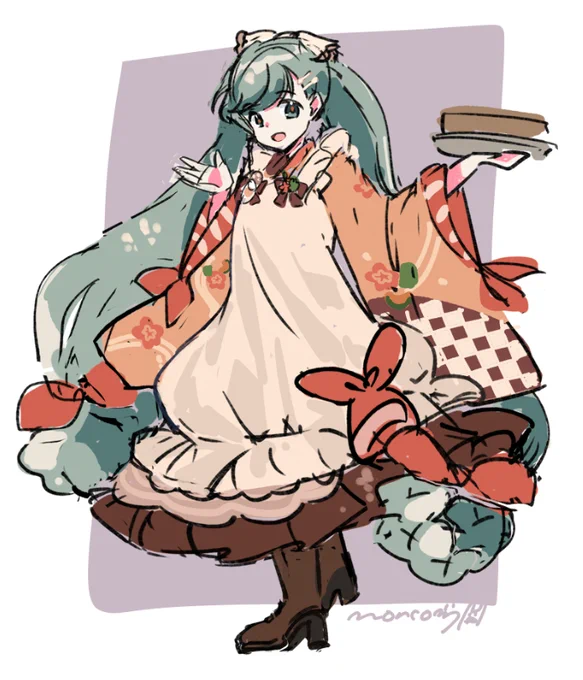 配信で描いてた雪ミクさん! らくがきしようとおもったら結構かわいくなったから今度ちゃんと仕上げてあげよう～ 和風デザインかわいいね～