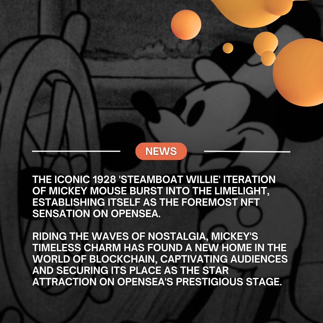 AtomicPeeps's tweet photo. 🌟 Vintage Mickey makes a comeback! 🐭✨ 

After the copyright curtain dropped on Jan. 1, the iconic 1928 'Steamboat Willie' version of Mickey Mouse is now making waves as the top NFT on OpenSea. 🚀🔥 

#digitalart #nftcommunity #nftart #nftcollectors #cryptoart https://t.co/iwFl3FV9fS