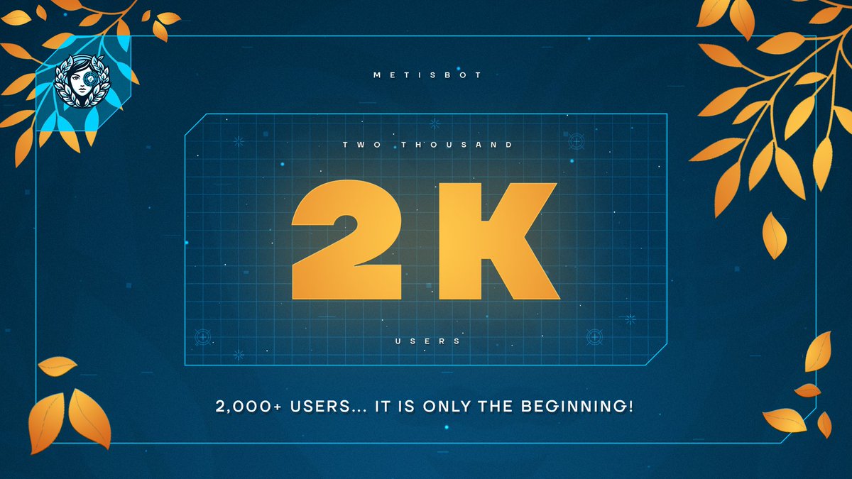 MetisSnipeBot's tweet photo. We've just crossed an incredible milestone! 🌿

MetisBot now has over 2,000 users! 🎉

A huge thank you to our amazing community for joining us on this journey.

Here's to growing even bigger and better together 🤝🏻

$MBOT $METIS #METIS