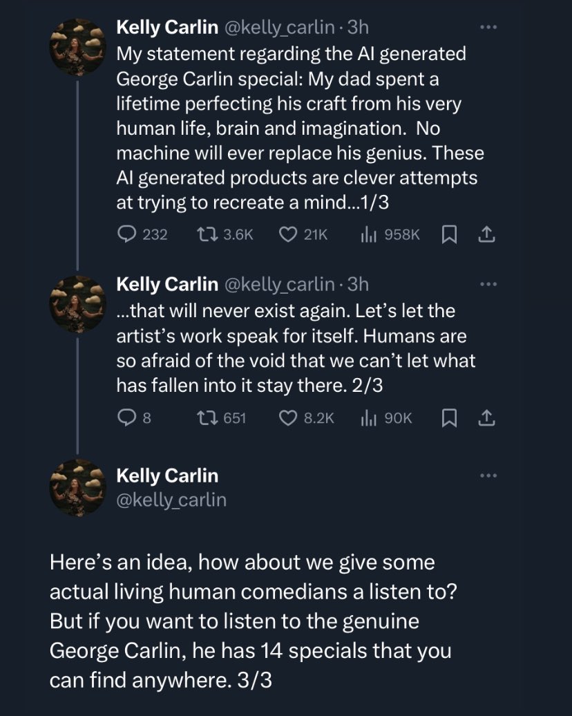 WUTangKids's tweet photo. The George Carlin AI special so insane that his daughter had to make a statement….the last part is on point 🔥 https://t.co/PYxRvZXdgB