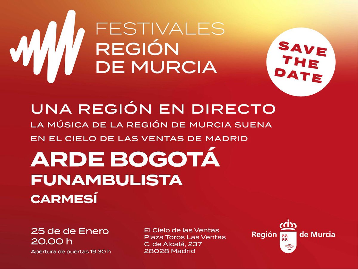 🎸👨‍🎤 La Comunidad promocionará 'Festivales Región de Murcia' en #Fitur con un concierto de <a href="/arde_bogota/">ARDE BOGOTÁ</a>  en el espacio 'El Cielo de las Ventas'.

➡️El cartel del evento se completa con @esfunambulista y <a href="/holacarmesi/">carmesí</a>.
🗓️25 de enero.

🔗 carm.es/web/pagina?IDC…