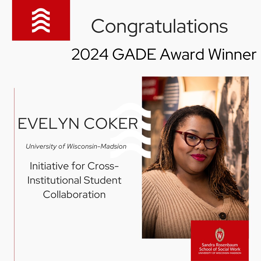 Congratulations to PhD student Evelyn Coker and colleagues who <a href="/GADESocialWork/">GADE Social Work</a> recognized with the Initiative for Cross-Institutional Student Collaboration award! It will be celebrated at a reception at the <a href="/SSWRorg/">SSWR</a> conference. More here: socwork.wisc.edu/2024/01/11/phd…