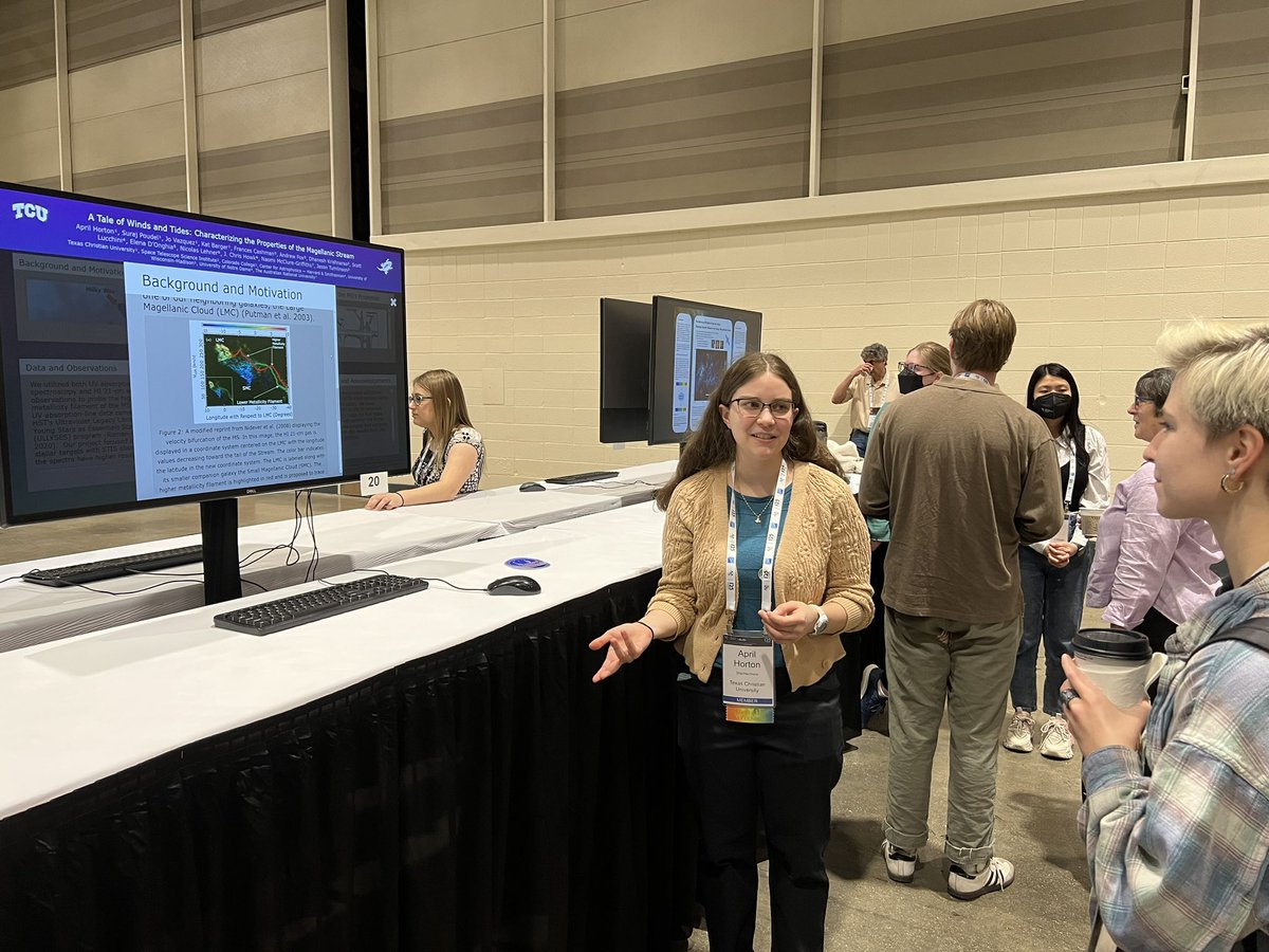 TCUPhysAstro's tweet photo. Here April Horton is talking about her research in which she determined that a gaseous tidal stream emanating out of the nearby Large Magellanic Cloud is on the near side of that galaxy. This means that it is going against a galactic headwind. #AAS243 @HubbleTelescope #GASKAP https://t.co/kq262qGEq7