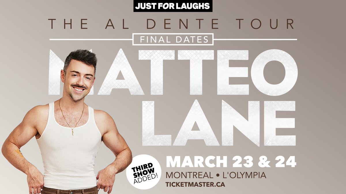 MONTREAL you wanted more Matteo Lane so we added a 3RD SHOW at @OlympiaMontreal Saturday March 23 at 9:30PM 🍝❤️ 🎫 Pre sale today using the code JFL: ticketmaster.ca/event/31005F6A…