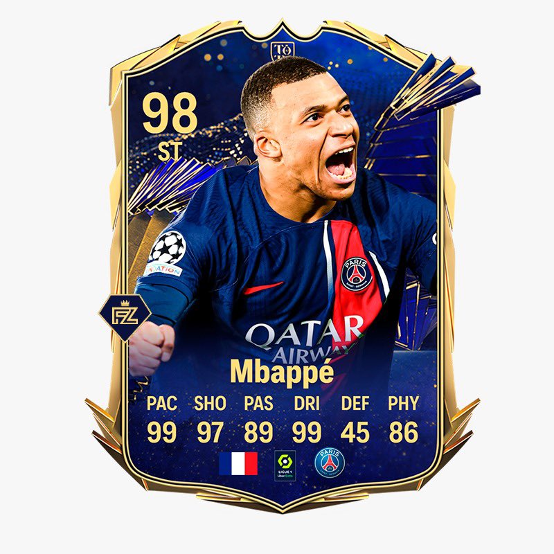 FGZNews's tweet image. 🚨🇫🇷 Kylian Mbappé has been added to come as a TOTY Attacker! (Surprise) 

Best card in the game? ✅

#FC24