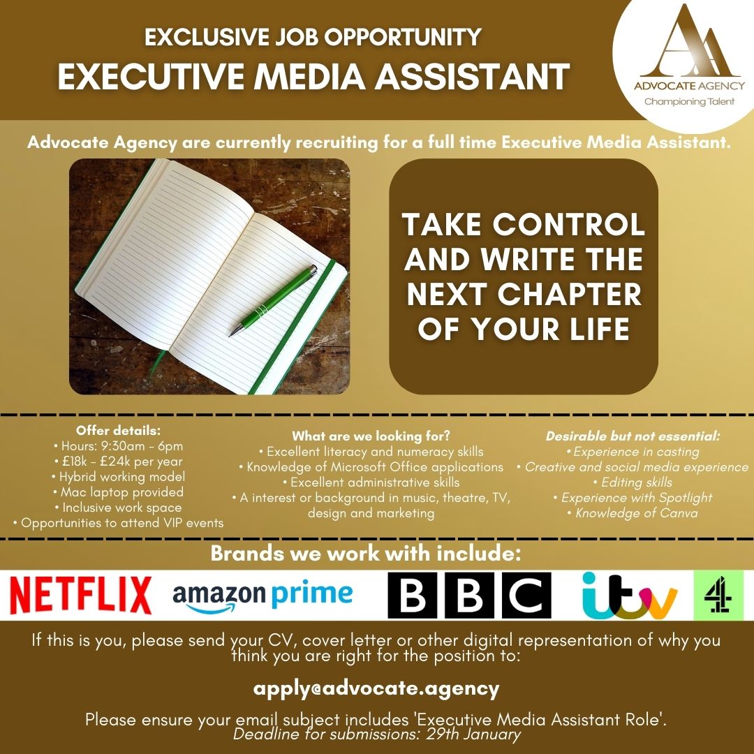 We’re pleased to announce a new job opportunity at Advocate Agency for the right candidate! Please apply by emailing: apply@advocate.agency Deadline for submission is 29th January! #mediaassistant #agentsassistant #jobopportunity #newjob #jobsearch #recruiting #jobs