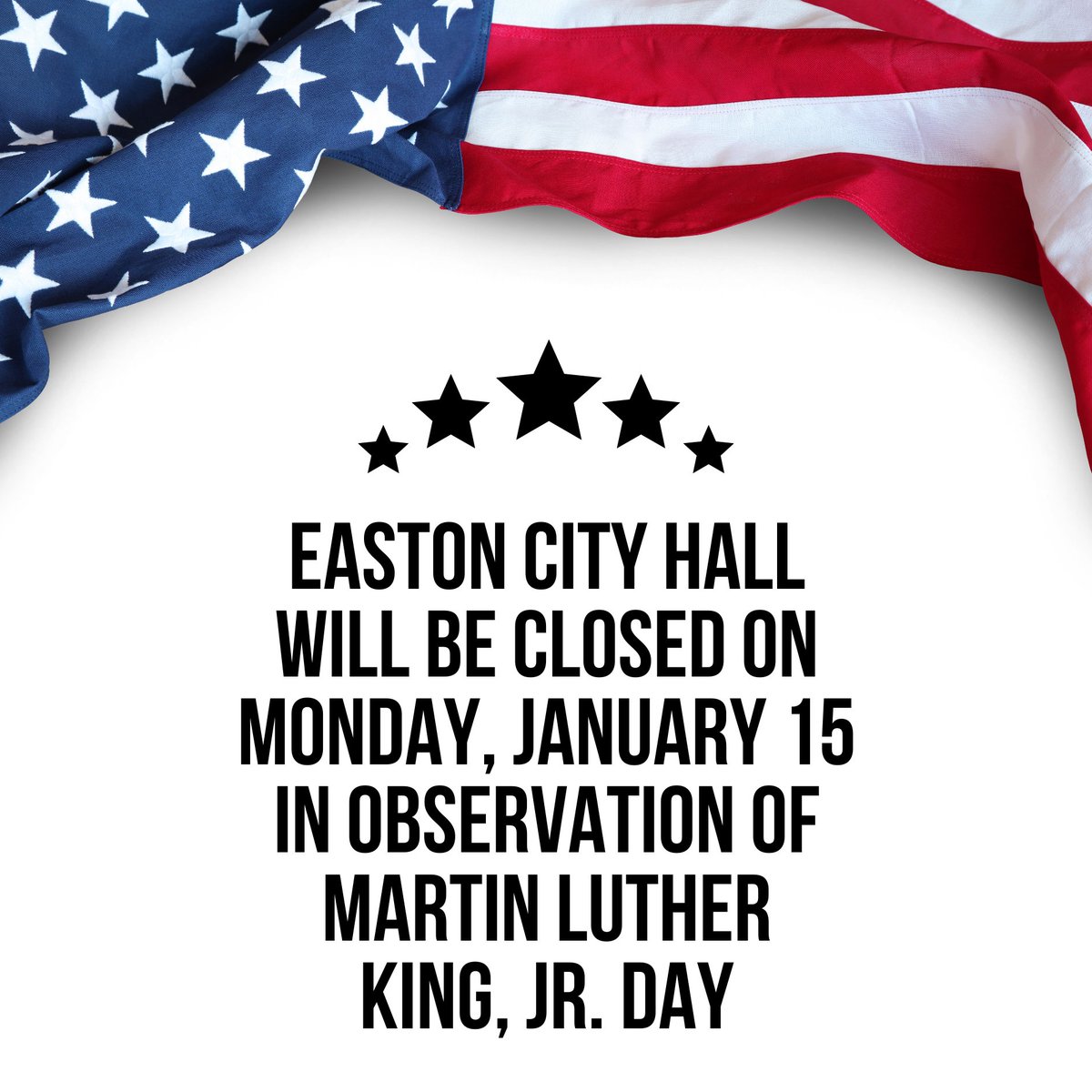 Tomorrow 1/12 is the last day City Hall will be open until next Tuesday as it is closed next Monday for the holiday. If you need to reach our staff, please contact us before 4:30 pm on Friday. easton-pa.com