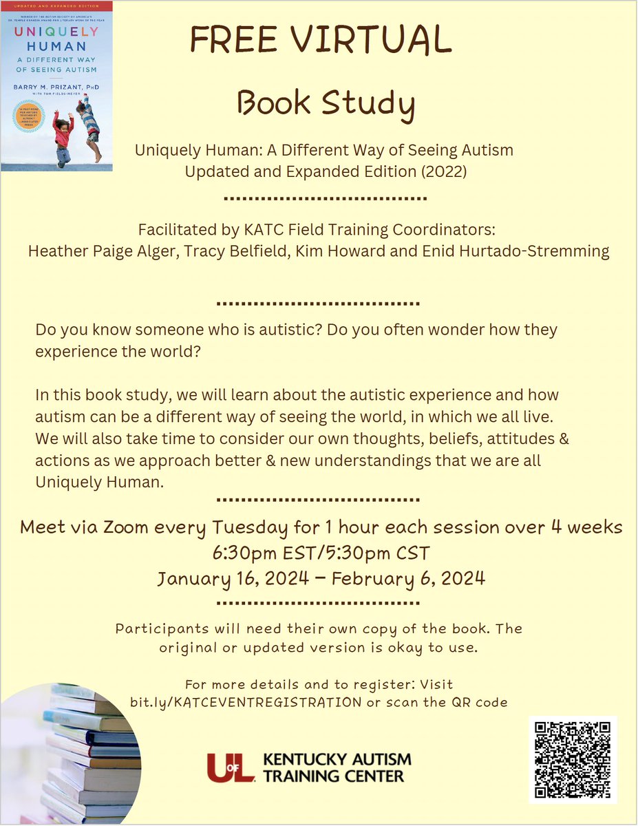 There's still time to register for the Kentucky Autism Training Center's (KATC) free, virtual book study on Uniquely Human: A Different Way of Seeing Autism.

For more information visit: bit.ly/KATCEVENTREGIS…

#TeamCEHD #WeAreUofL #UofL #UniversityOfLouisville #GoCards