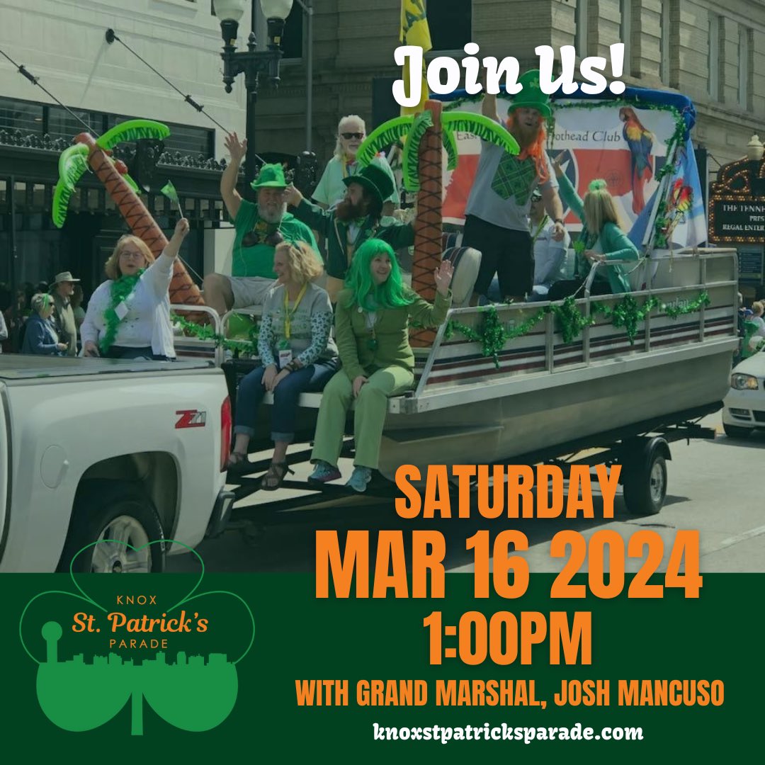 StPaddysParade's tweet photo. It’s time to get your group, team, business or band signed up for our 2024 parade! ☘️Visit https://t.co/US5OSpG7ex for all the details!
@visitknoxville @CherokeeChirp @joshmancuso @CCEastTN https://t.co/oYqlhCjK7A