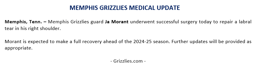 GrizzliesPR's tweet photo. The @memgrizz today announced the following medical update. https://t.co/gqGpfUVEPE