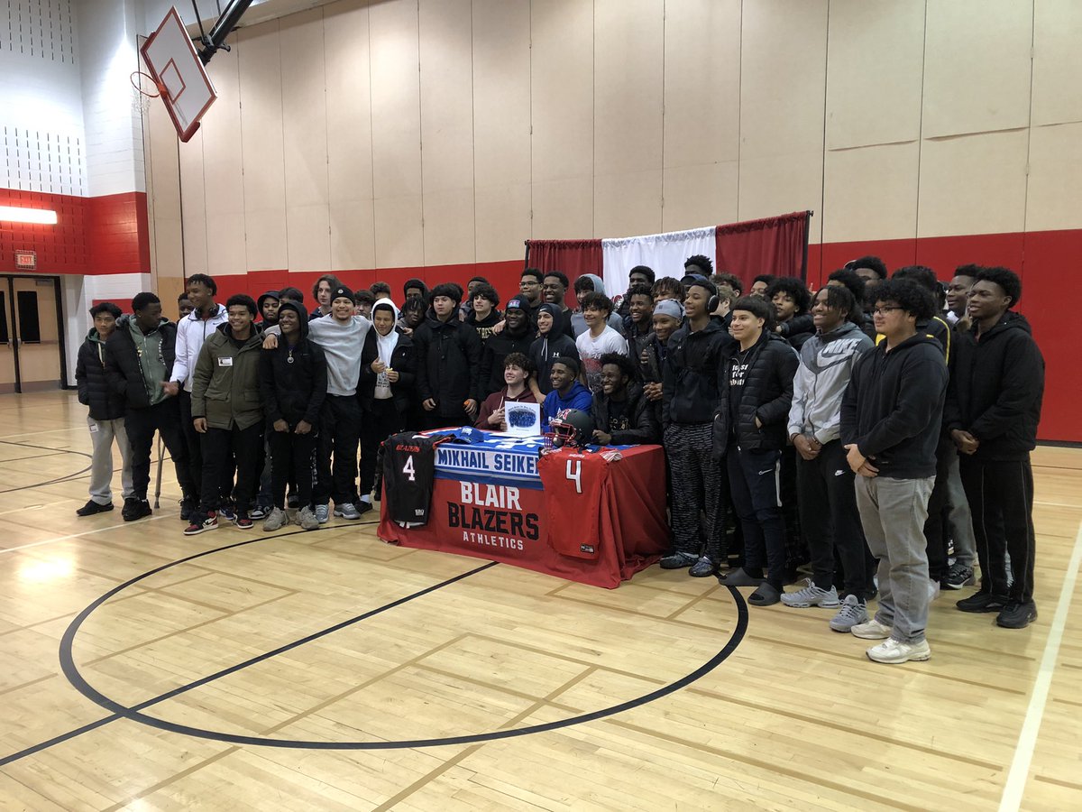 BlairAthletics's tweet photo. Congratulations to Mikhail Seiken for his commitment to the Air Force Academy where he will play football. Indoor Track state champion in 2021 and all star football player with a 4.6 weighted gpa. Blazer student-athlete model. Big future ahead! https://t.co/Ucg4gOjckl