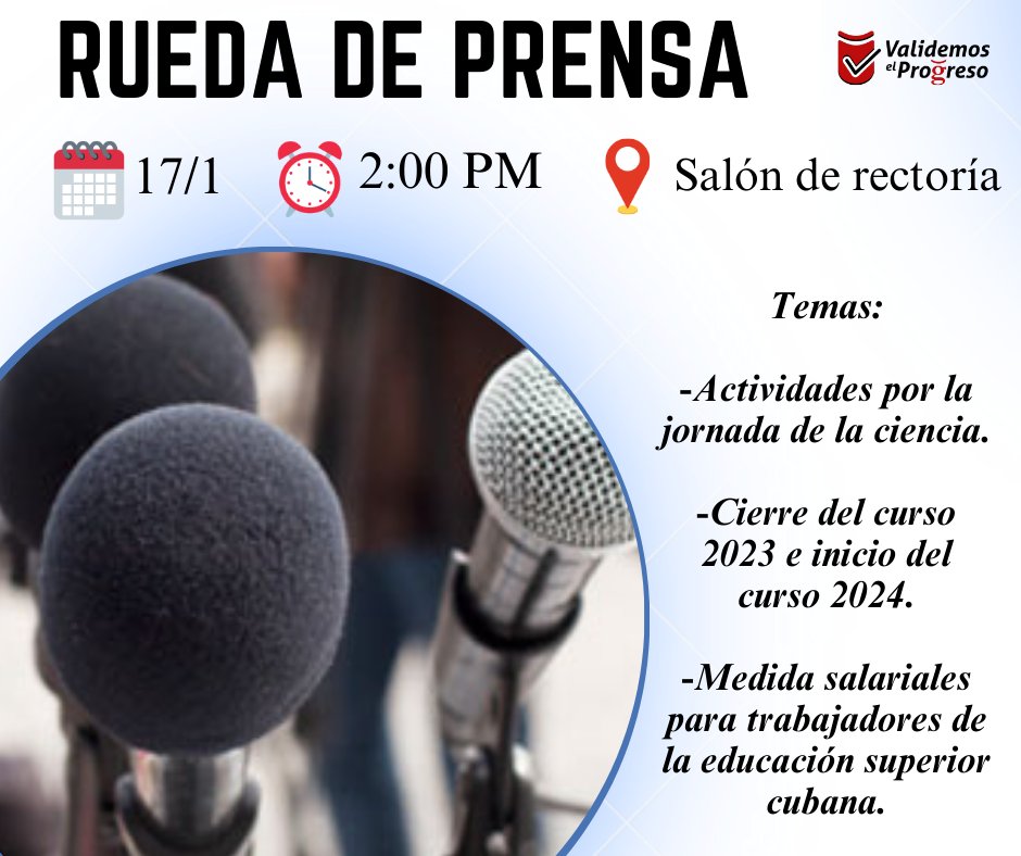 UG_Cuba's tweet photo. 🎙️🎤🗨️Próximamente tendremos rueda de prensa en casa.
#UniversidadCubana #ValidemosElProgreso #Ciencia @CubaMES @WalterBG_MES @ArandaCreagh @NaranjoVladimir @PrensaGtmo @TV_Solvision 
@RadioGtmo https://t.co/bwZ3eCqhVf