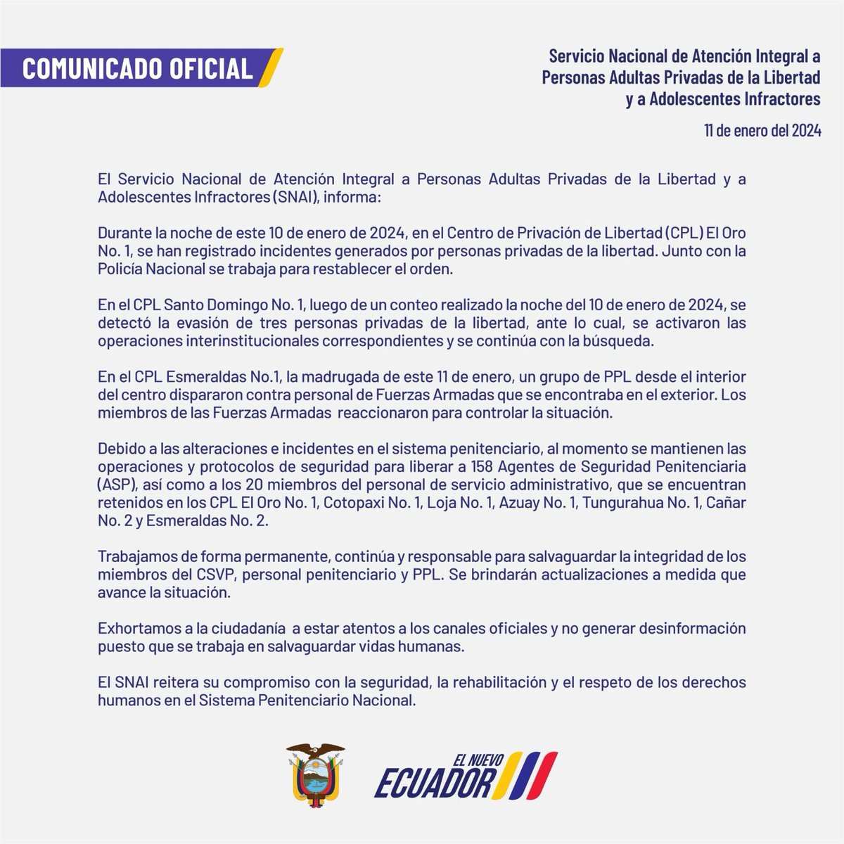 DistritoEc's tweet photo. ⭕️#URGENTE

EL @SNAI_Ec  informa que como medida de hecho los #PPL’s de diferentes centros #penitenciarios mantienen retenidos a 158 agentes #penitenciarios y 20 personas de servicio #administrativo. Se realizan trabajos operativos para su #liberación. https://t.co/5YRMPJyFf8