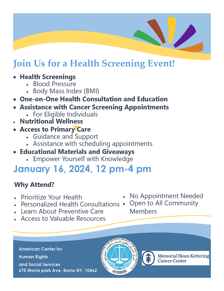 @mskihcd's Arab Health Initiative & the American Center for Human Rights and Social Services @achrss6 are hosting a health screening event on Jan. 16, 12-4PM in the Bronx at 675 Morris park Ave, Bronx, 10462. Services provided in both English & Arabic. See below for full details