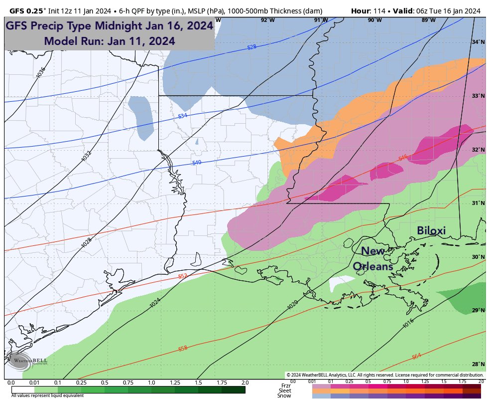 While confidence is increasing on very cold air making it to South MS, there is much less confidence in any chance for wintry weather. As of now, it looks like  better chances north of the southern 6 counties of South MS. Its all about timing. Will monitor trends. #mswx <a href="/WLOX/">WLOX</a>