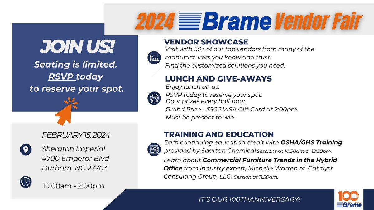 Mark your calendar for the 2024 Brame Vendor Fair. 2024 is our 100th anniversary and we have a special day planned for you. RSVP is required for trainings and lunch. We cannot wait to see you there!
RSVP HERE: lnkd.in/etbBjXJn
#bramehasthat #bramedoesthat #jansan
