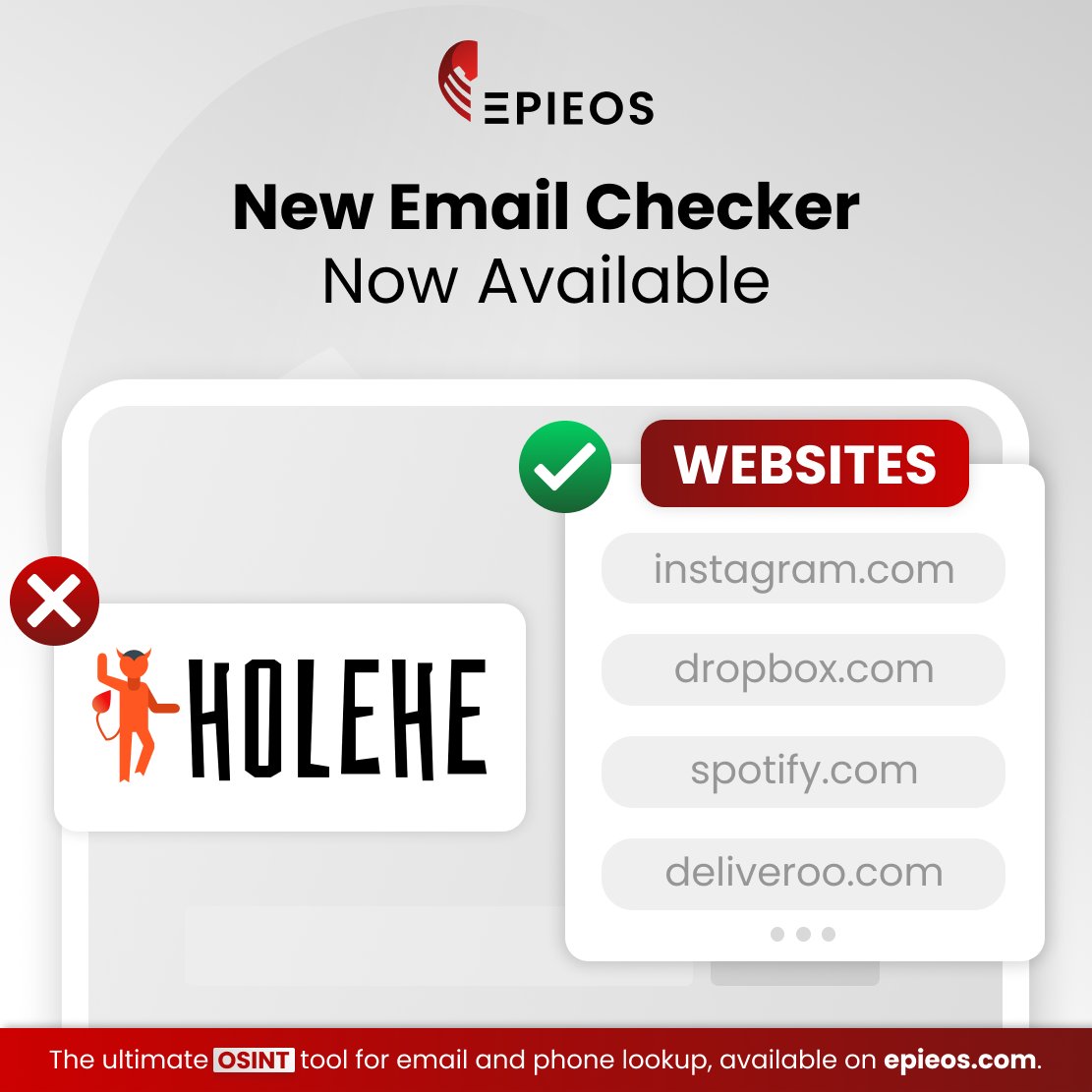 epieos's tweet photo. 💥 UPDATE! We've decided to replace the Holehe module on @epieos with a new module, more #POWERFUL, more #ACCURATE and #FASTER.

🔸 No notification sent to your target
🔸 Search over 200 websites
🔸 No false positive
🔸 Regular updates
🔸 Online tool (no installation required)

🎯 This module lets you find #websites where the #email address is registered, find out that the email address exists, tell you where to look for someone's account...

Don't wait any longer, try it now on https://t.co/HkN3NyuGrh.
