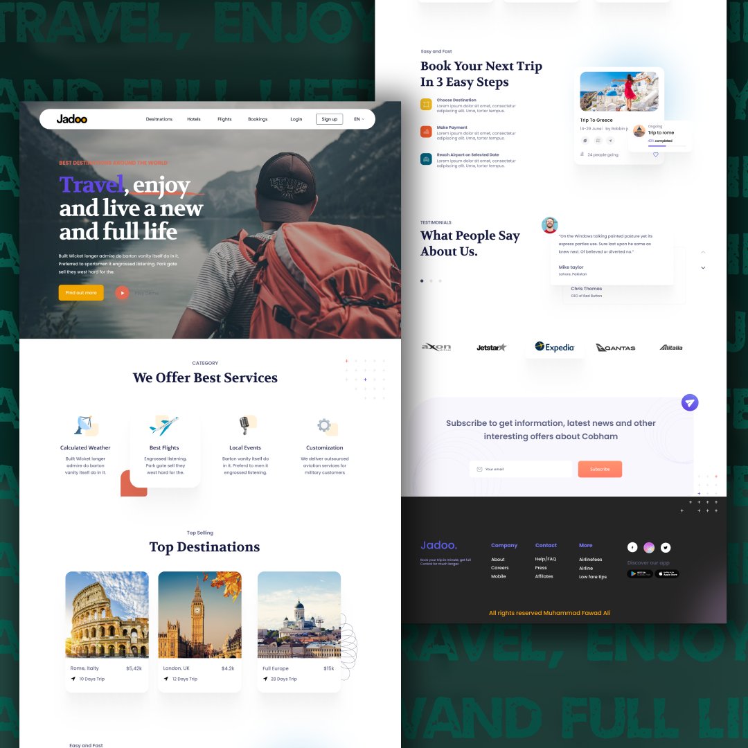 CodingwithFawad's tweet image. Travel Agency Landing Page Design
We offer in our service :
1. Custom Web Design
2. Responsive Design
3. UI design
4. UX Design
#websitedesign #WebDesign #webdesigner #webdeveloper #wordpress #wordpresswebsite #figma #traveller #holidays #landingpagedesign #traveling