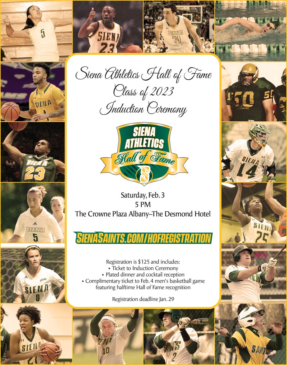 🏆🏅 Registration is now open for our Siena Athletics Hall of Fame Induction Ceremony Join us on Saturday, Feb. 3 at @desmondalbany as we formally induct our 1⃣6⃣-member #SienaSaints Hall of Fame Class of 2023 REGISTER NOW ➡️ t.ly/t4sKb #MarchOn