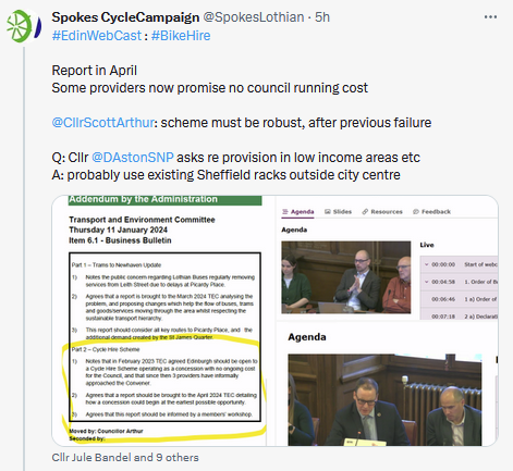 SpokesLothian's tweet photo. @DaveJFrench @DAstonSNP @toddles23 @CyclingEdin @SpokesPorty @Cyclesouthedin @EdinburghMinute @EdinReporter @WeAreMACS @Wheels4Well @Active_ATA @JimDensham @KirstyLewin @CllrScottArthur @julebandel @CouncillorCowdy @SanneDD @KatrinaFaccenda @kevin_lang @FinlayMcF @TransformScot @edi_dot_bike @thecockburn @johnrobson87 @portobellocc @EnergyPorty @SW20Ed @sto_paul @WLBikeLibrary @KayleighFONeill @sccscot @LivingStreetsEd #edinwebcast
⬆️Thread from @Edinburgh_CC #Transport Cttee (TEC) 11.1.24
Includes:
🙄#portobello junction: big delay
👍#BikeHire: April report
👍#AccessibilityCommission representation
🤔Missed #tram items but main point is that full report incl defects etc coming to April TEC https://t.co/oY2EW4SFib
